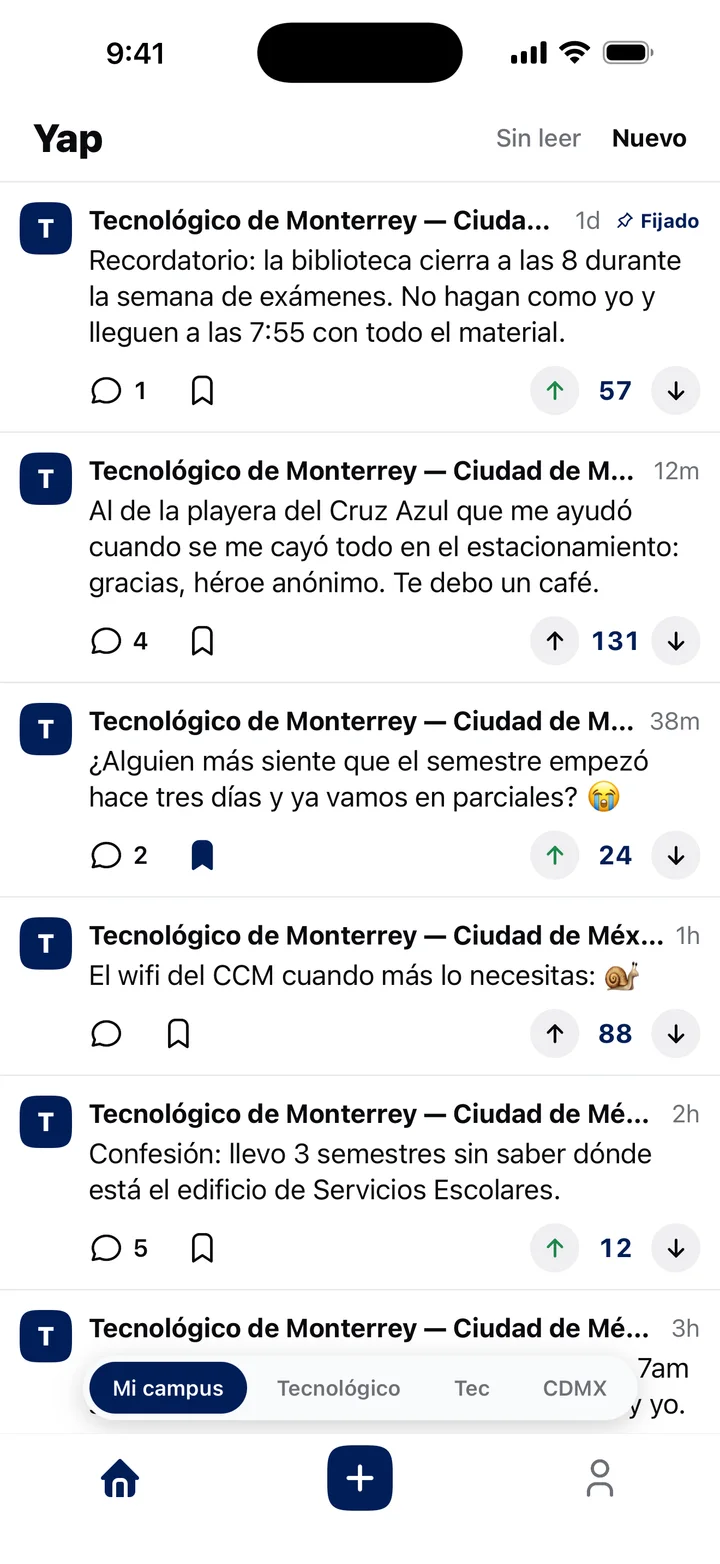 El feed de Yap con posts del Tec de Monterrey, campus Ciudad de México.
