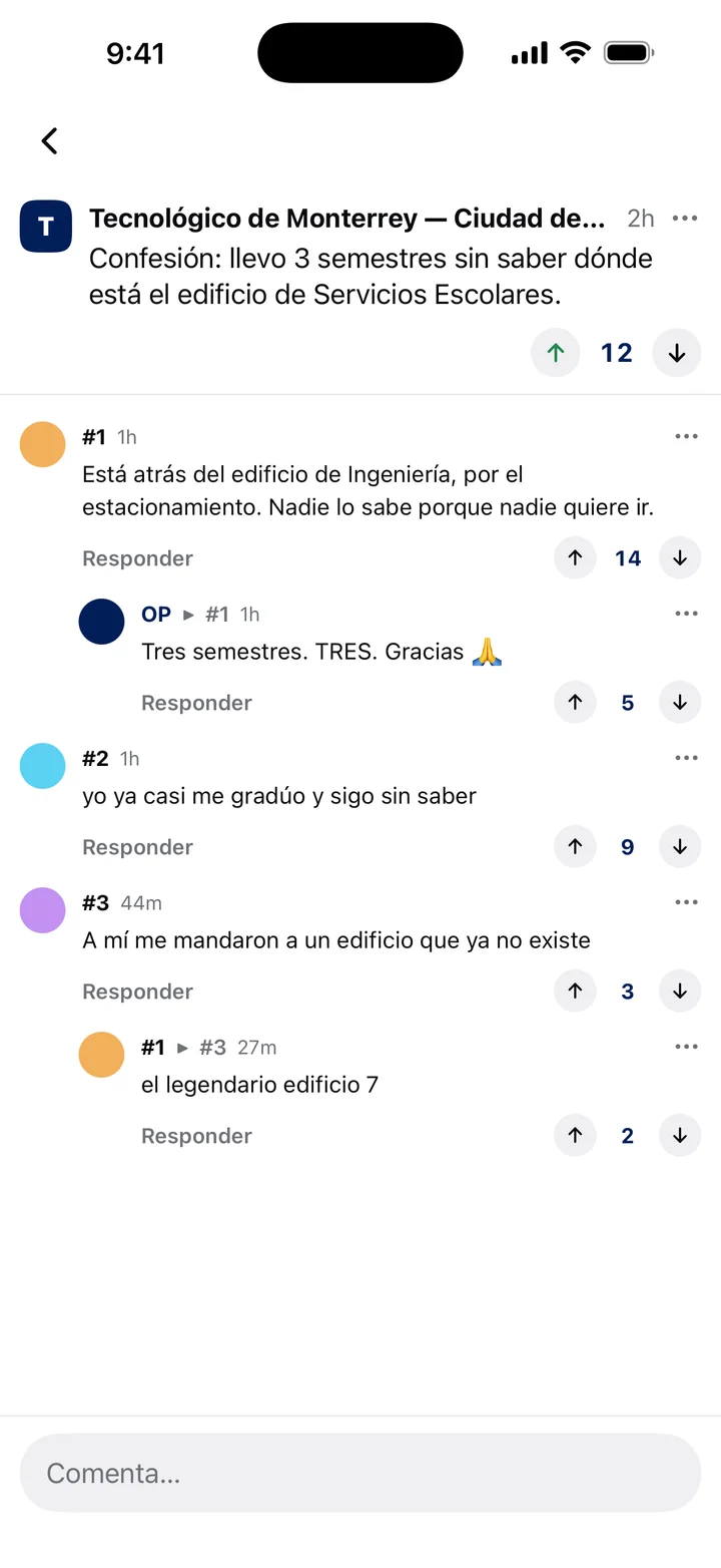 Un hilo de comentarios en Yap: cada quien aparece como OP, #1, #2 o #3.